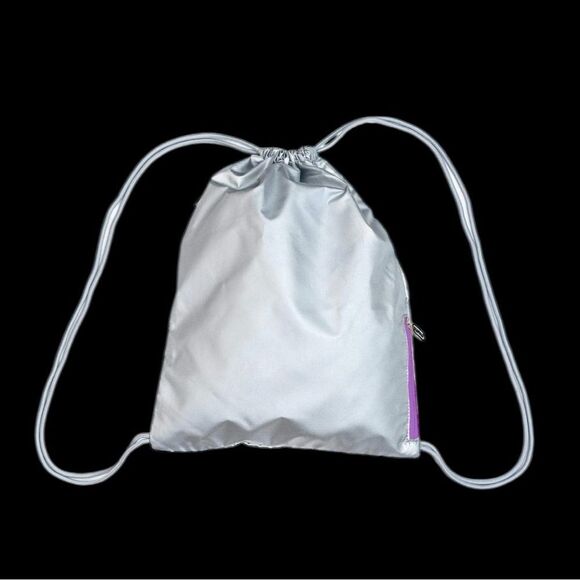 New Mumi Silver Drawstring Backpack with Purple Zipper - Picture 1 of 6